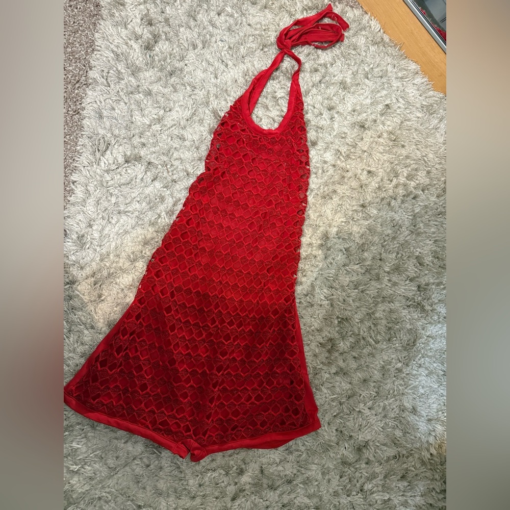 SHEIN Red Crochet Halter Swim Coverup… new